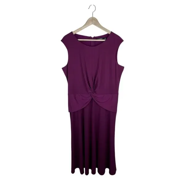 LAUREN Ralph Lauren Women's Twist-Front Jersey Dress Sz 16 Purple Midi A-Line - Picture 2 of 12